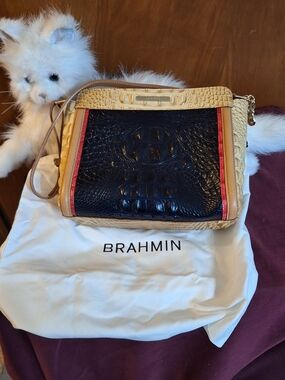 Brahmin Navy, Cream & Red Croc-Embossed Leather Crossbody